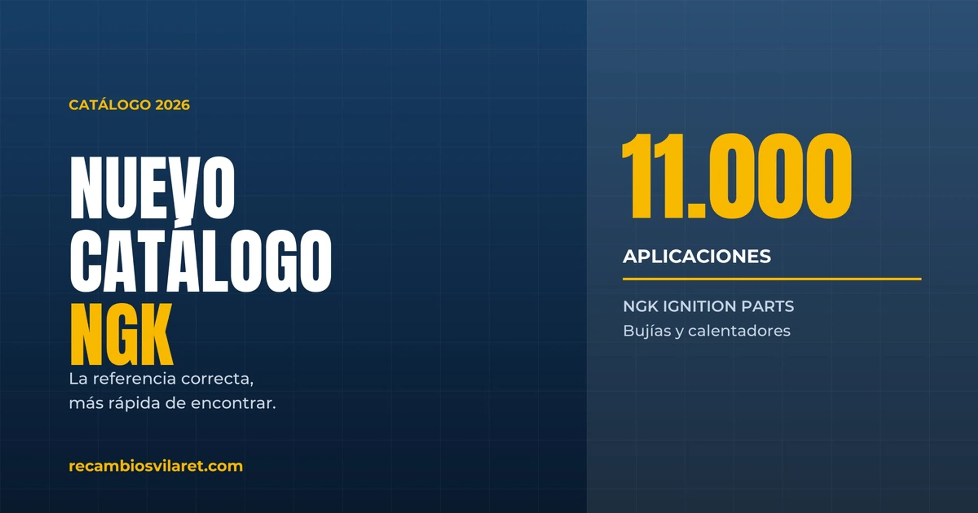 Composición de Recambios Vilaret con la cifra 11.000 y el mensaje del nuevo catálogo NGK Ignition Parts de bujías y calentadores