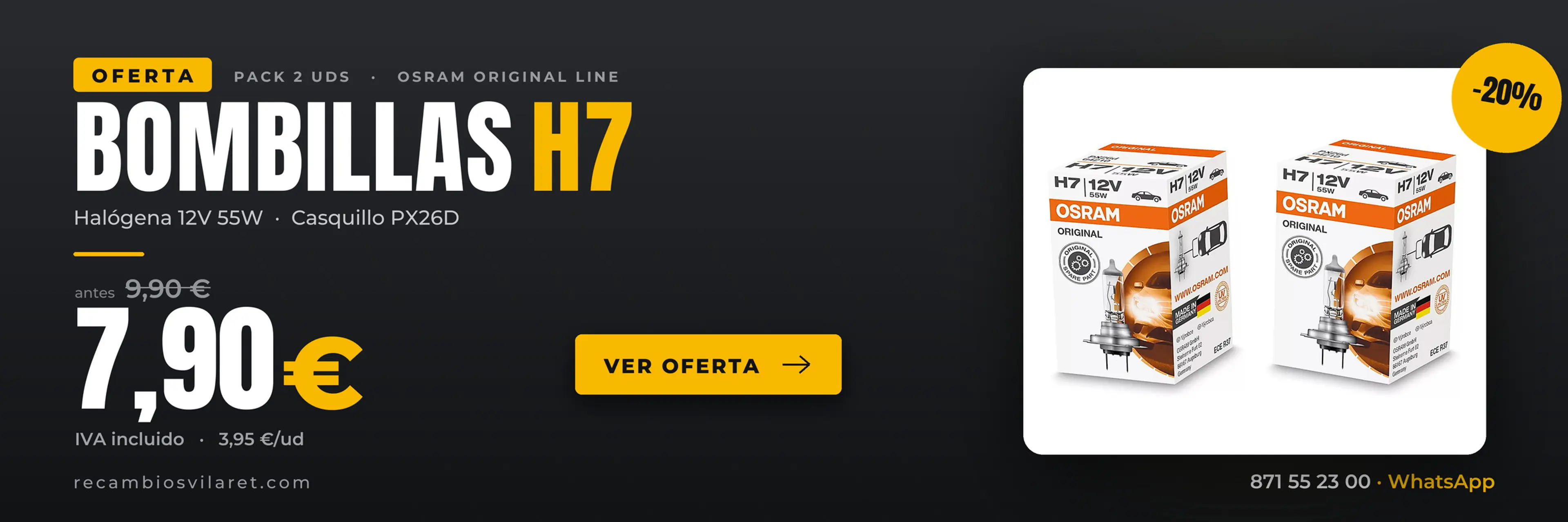 Oferta bombillas H7 OSRAM Original Line 12V 55W PX26D. Pack de 2 unidades por 7,90 euros IVA incluido.