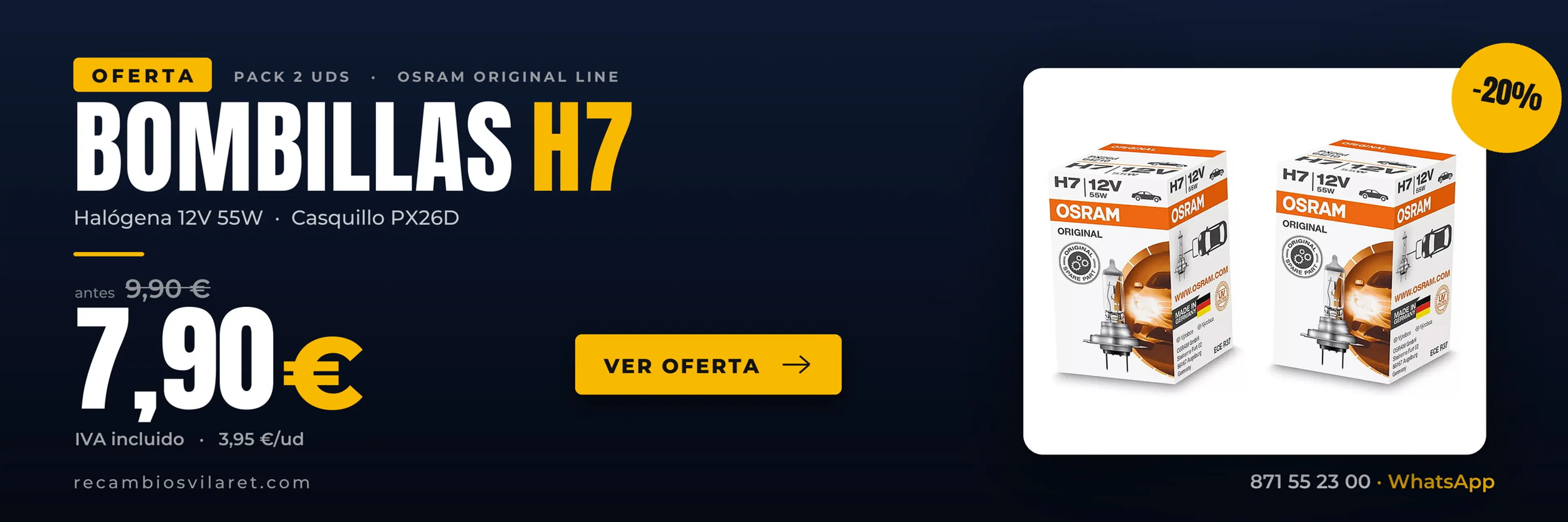 Oferta bombillas H7 OSRAM Original Line 12V 55W PX26D. Pack de 2 unidades por 7,90 euros IVA incluido.